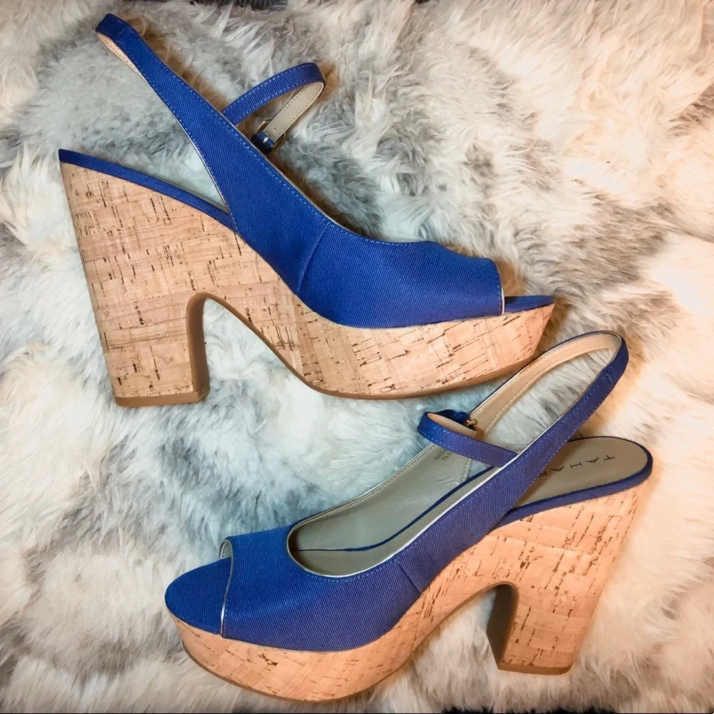 TAHARI “Misha” Blue Cork & Canvas Platform Slingback Heels